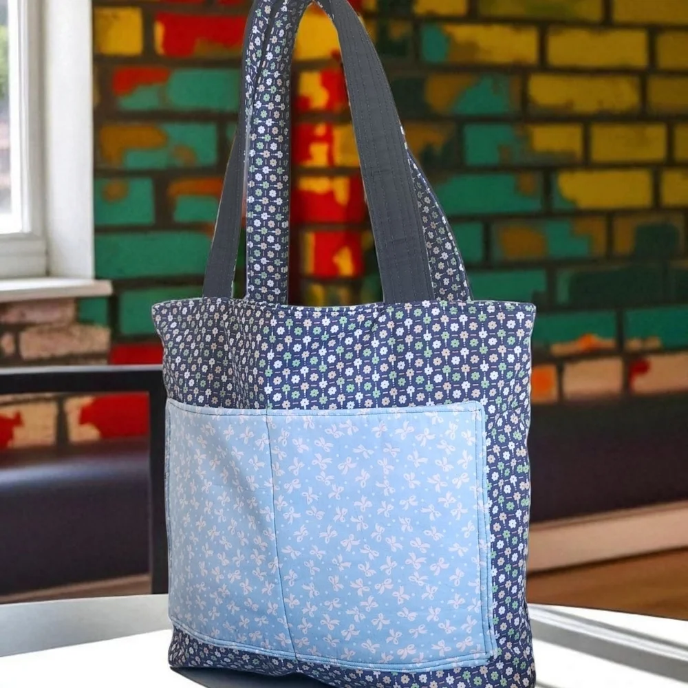 Blue and Black Polka Dot Tote Bag with Sturdy Handles